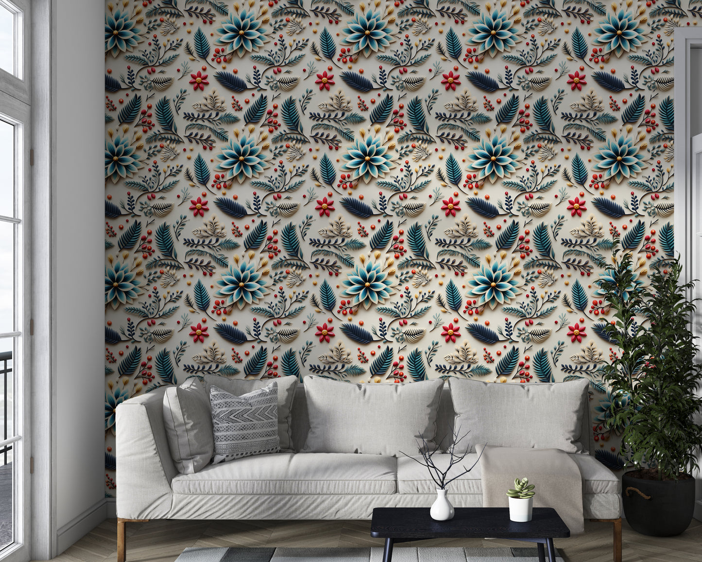 Colored 3D Paper & Leaves On A White Surface Wallpaper Roll