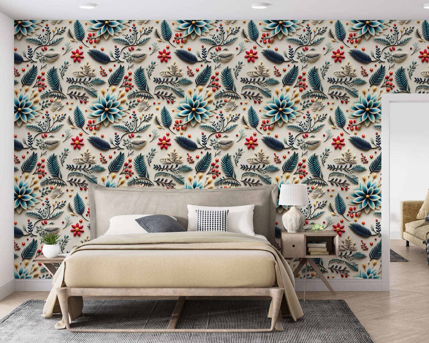Colored 3D Paper & Leaves On A White Surface Wallpaper Roll
