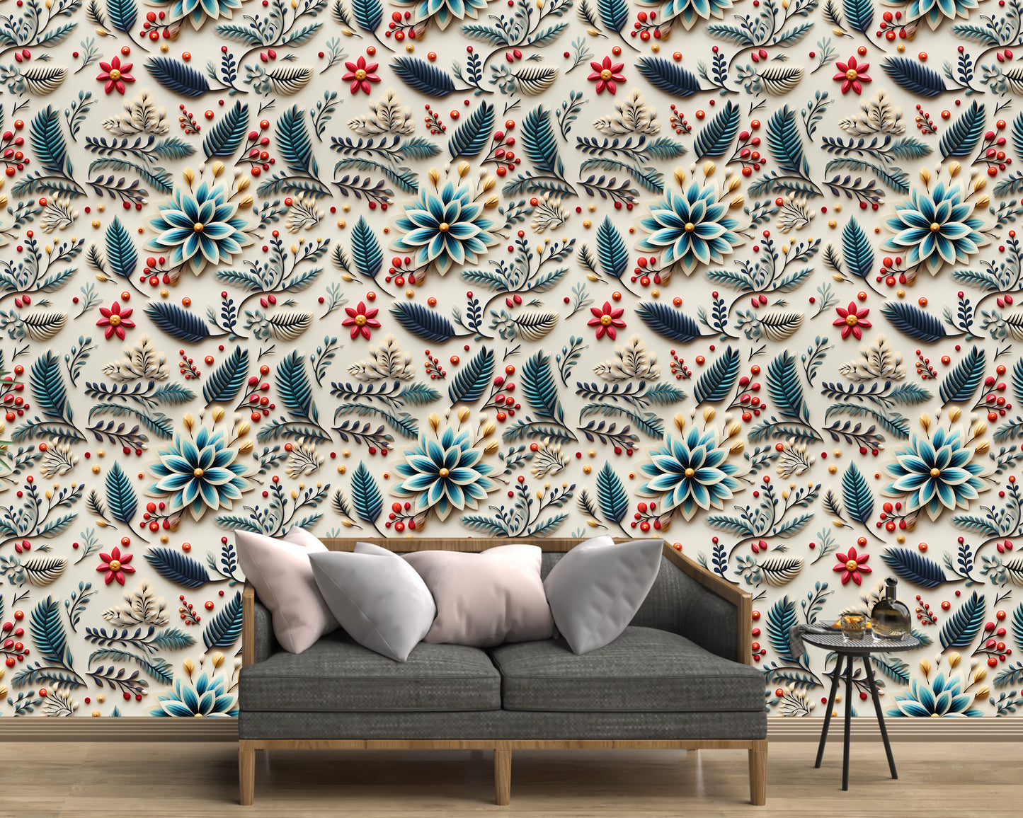 Colored 3D Paper & Leaves On A White Surface Wallpaper Roll